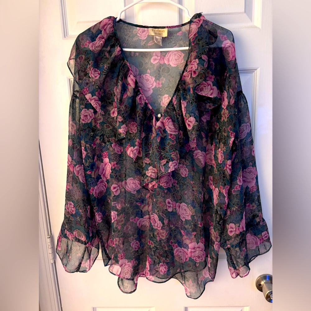 Victoria’s Secret 80s VTG Gold Label Sheer Floral Ruffle collar blouse Pet Small